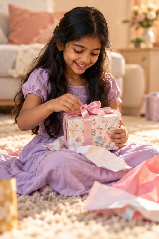 Girl in a lilac dress unwrapping a birthday present