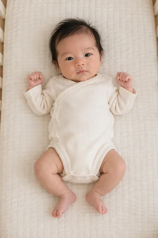Baby in a cream outfit lying on a firm cot mattress, rendered in the Little storybook birthday layout