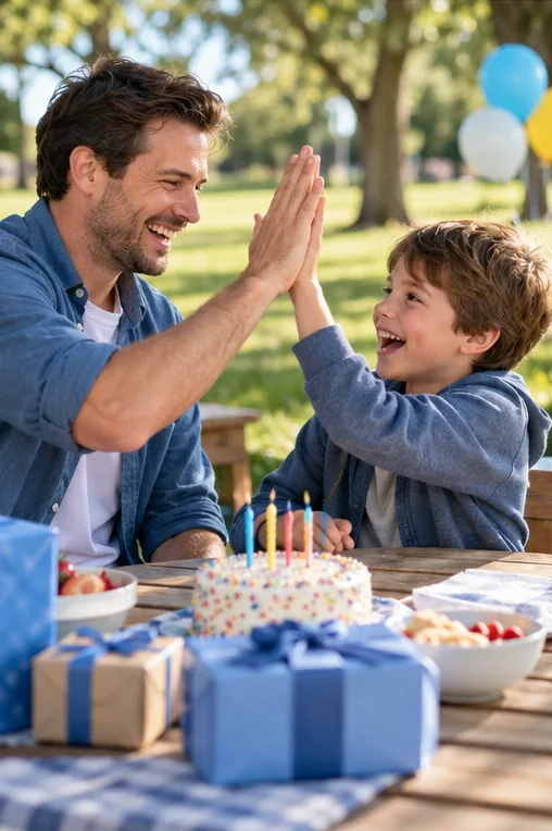 Father and son celebrating with a high five at a birthday picnic