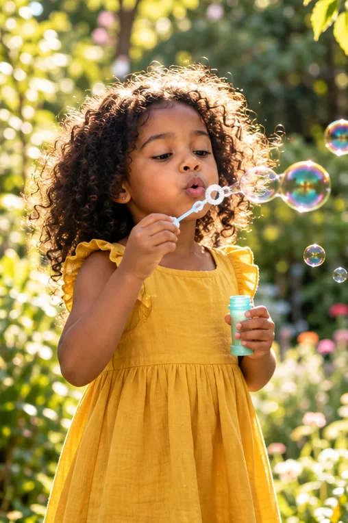 Girl in a yellow dress blowing bubbles in a garden