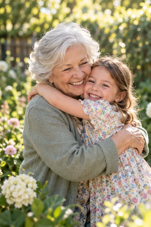 Grandmother and granddaughter hugging in a sunny garden