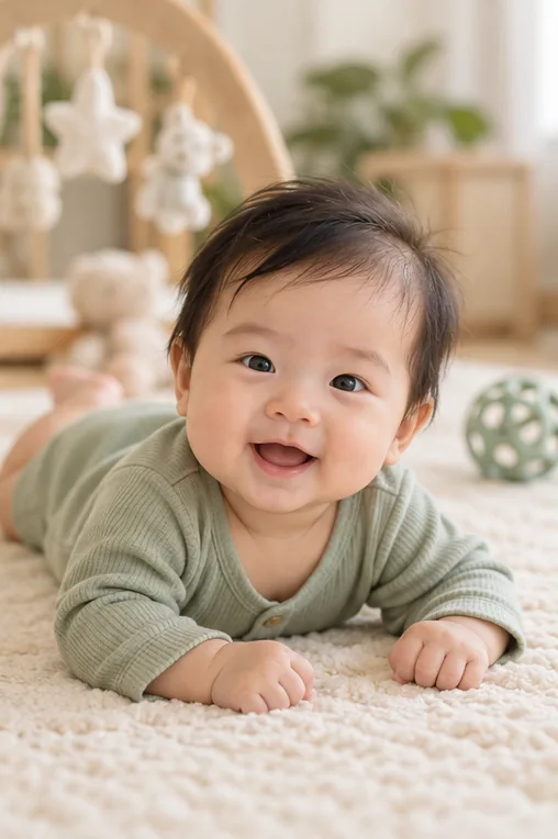 Baby in a sage cardigan smiling during tummy time