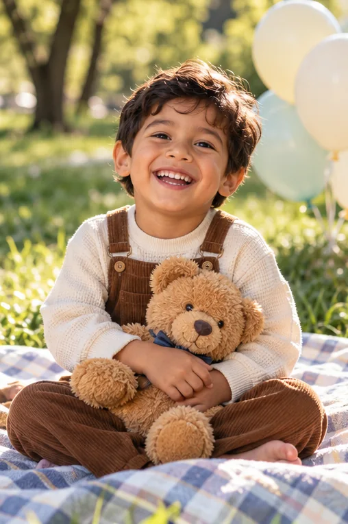 Boy holding a teddy bear at a birthday picnic
