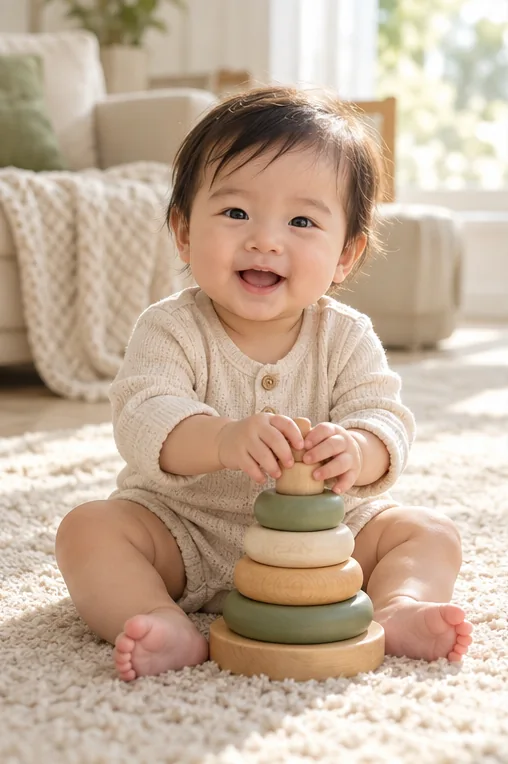 Baby sitting with a wooden stacking toy