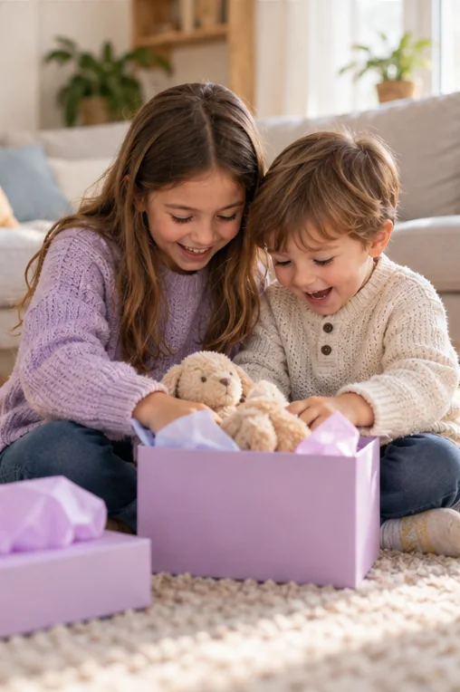 Sister and brother opening a birthday present together